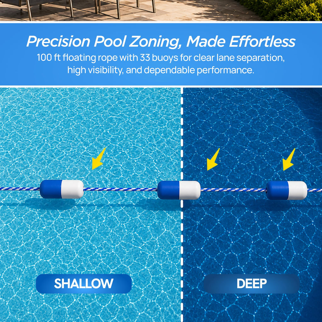 FibroPool 50 ft Pool Safety Rope with 16 Floats – Adjustable Buoy Lane Divider, UV Braided, Chrome Hooks – Shallow & Deep End Line for Inground & Above Ground Swimming Pools