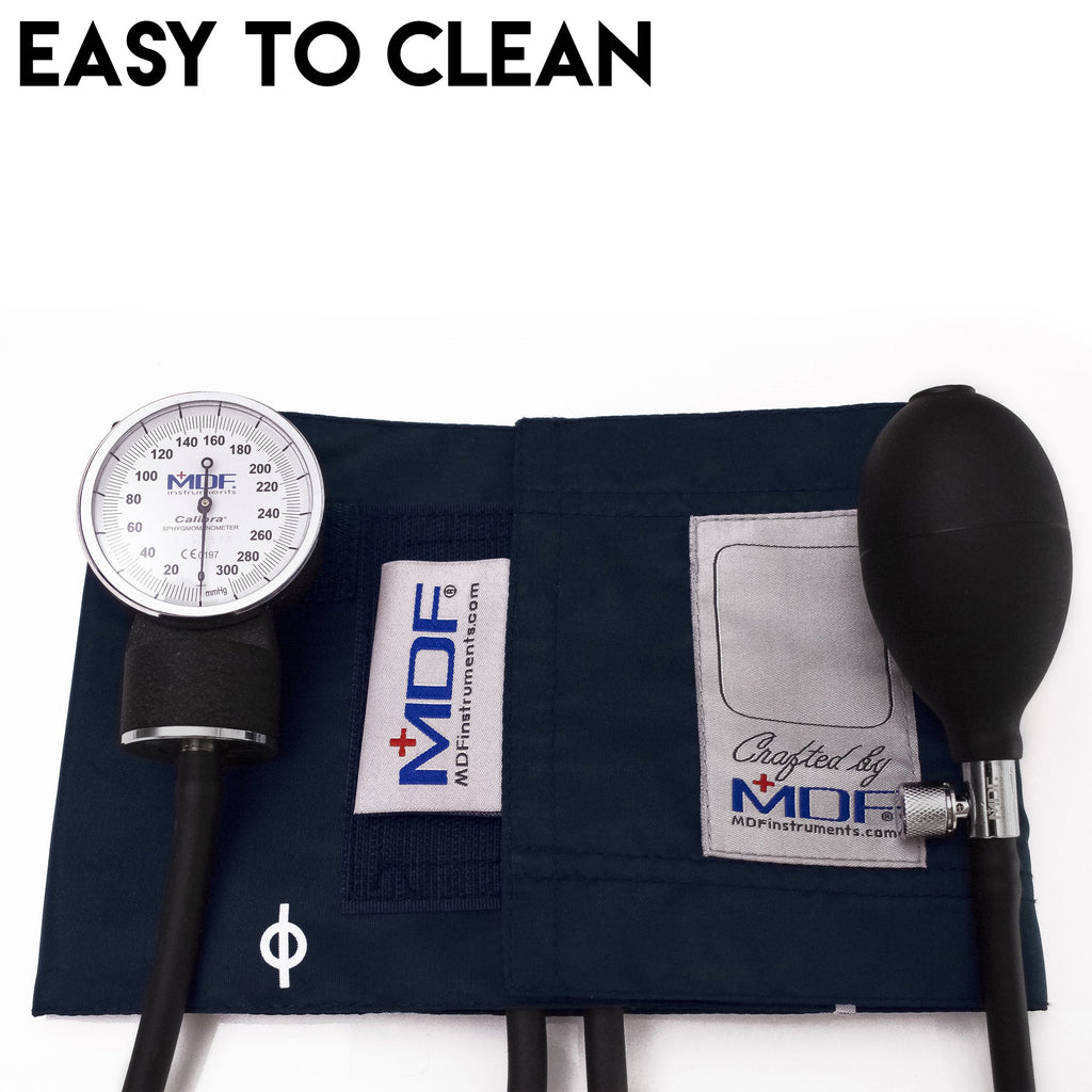 MDF Instruments, Calibra Aneroid Premium Professional Sphygmomanometer, Blood Pressure Monitor with Adult Cuff & Carrying Case, Lifetime Calibration, White Dial, Navy Blue Cuff, MDF808M04