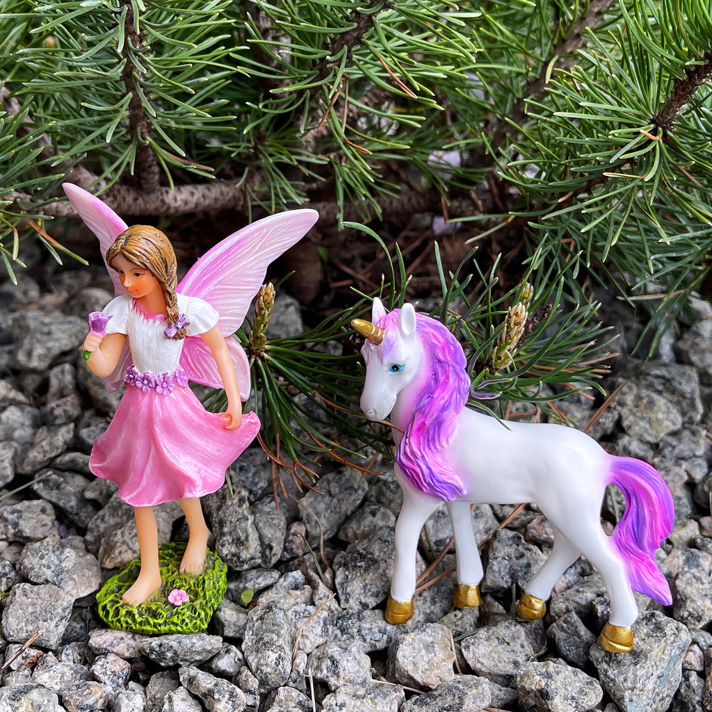 Mood Lab Fairy Garden Figurines - Fairy with Unicorn Set (2 pcs) - Miniature Decorative Statues & Accessories - Outdoor & Indoor Decor