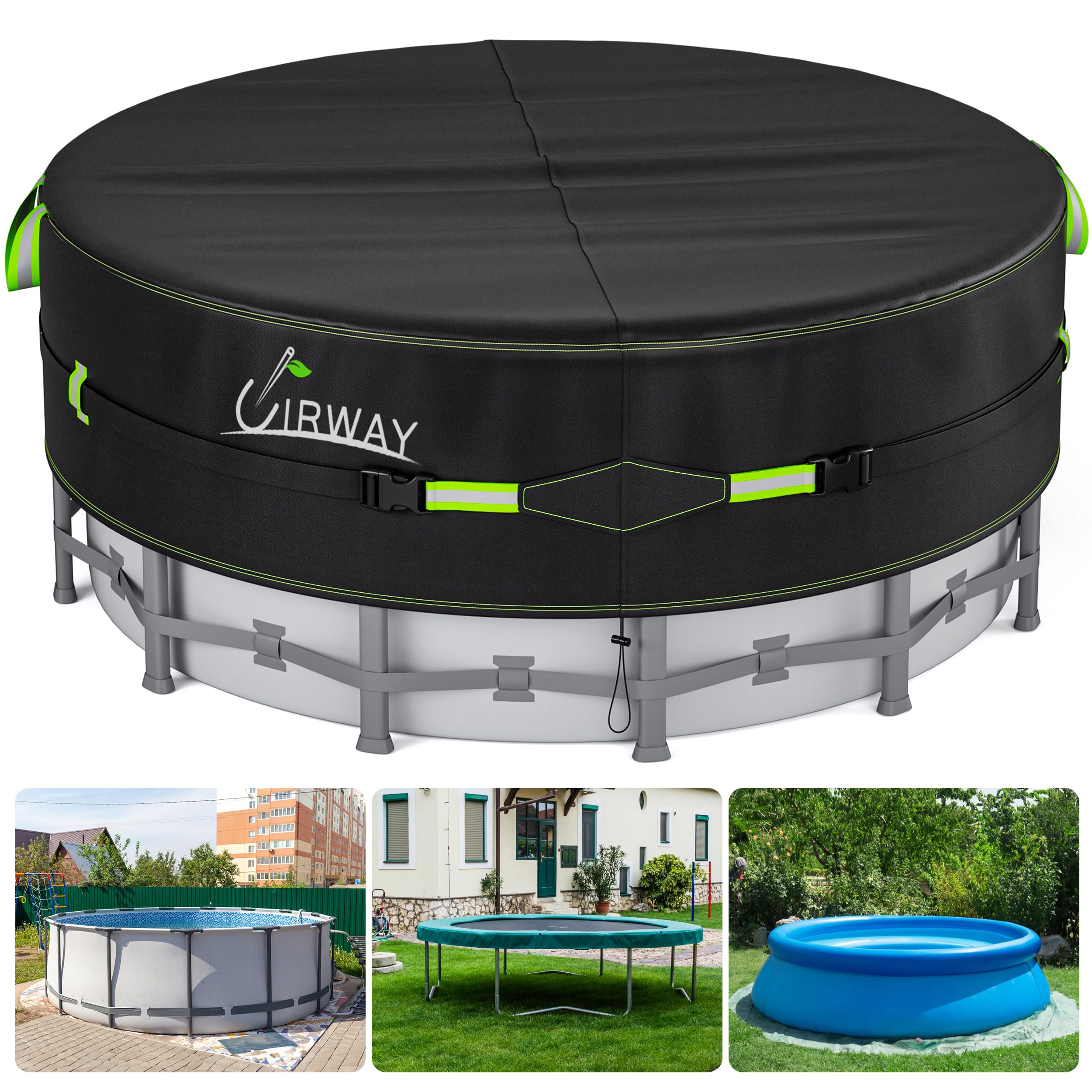 UIRWAY 24 Ft Round Pool Cover with Reflective Strips, Swimming Pool Cover for Above Ground Pools, Solar Cover Including Rope Tie and Luminous Ground Nails, PU Tarp Snug Fit for UV Protected