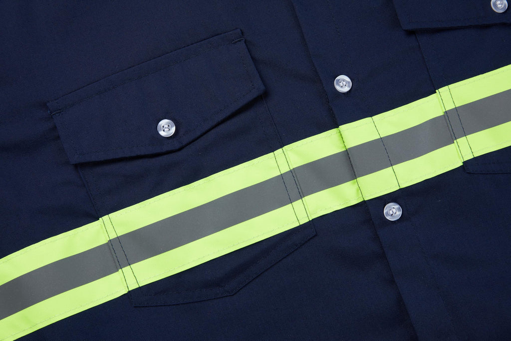 Ousafeve Class 3 Navy Hi Vis Button Up Safety Work Shirts for Men Reflective (X-Large, Navy_Long)