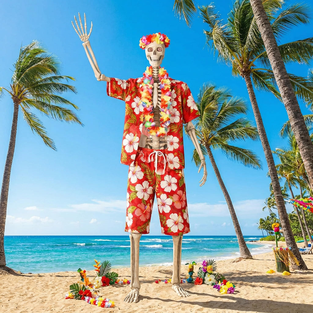 4 Pcs 12 Ft Skeleton Hawaiian Outfit Set Tropical Shirt Shorts Lei Headband