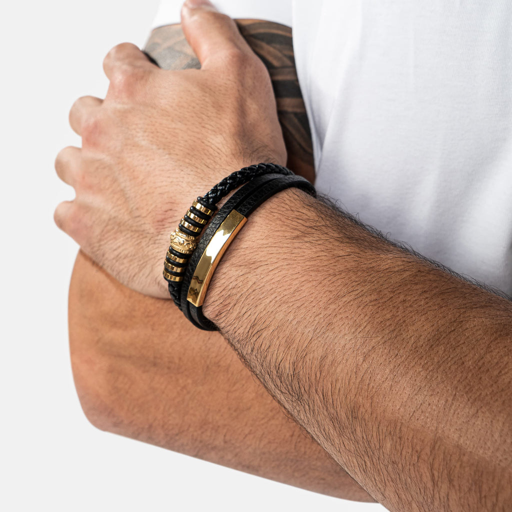 SERASAR Leather Men Bracelet Black Gold Steel Braided Jewelry Gift 8 inch