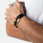 SERASAR Leather Men Bracelet Black Gold Steel Braided Jewelry Gift 8 inch