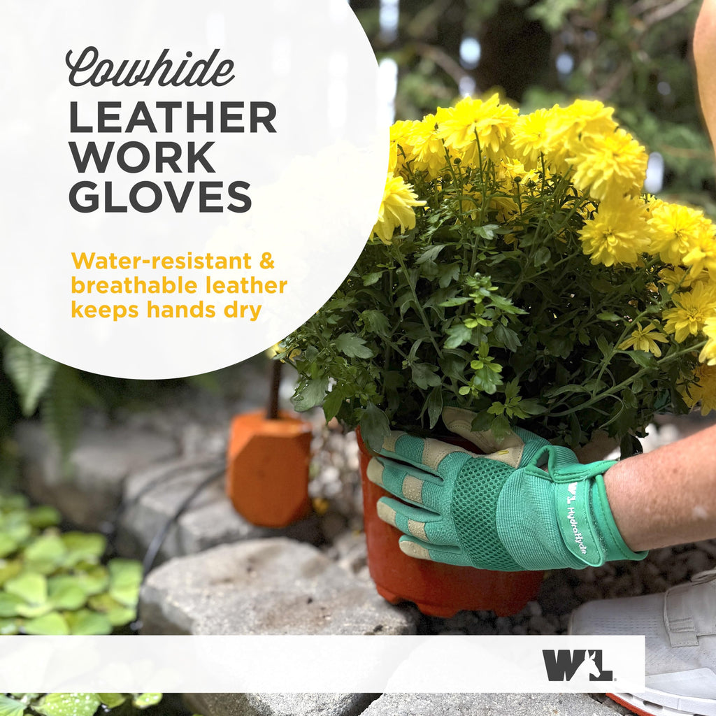 Wells Lamont Women's Garden Gloves, Small, Mint Green/Rust, HydraHyde Leather Hybrid, Water-Resistant, Adjustable Wrist, 2-Pair Pack, for Gardening, Reusable, Adult