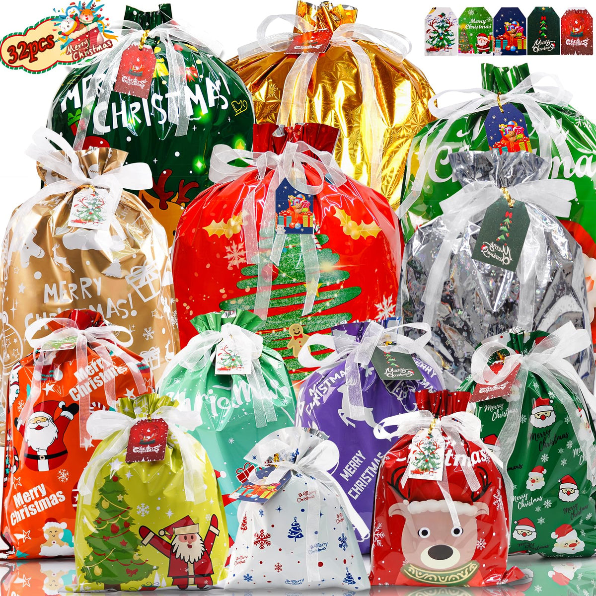 Koncci 32Pcs Drawstring Christmas Bags, Assorted Sizes Large Medium Small