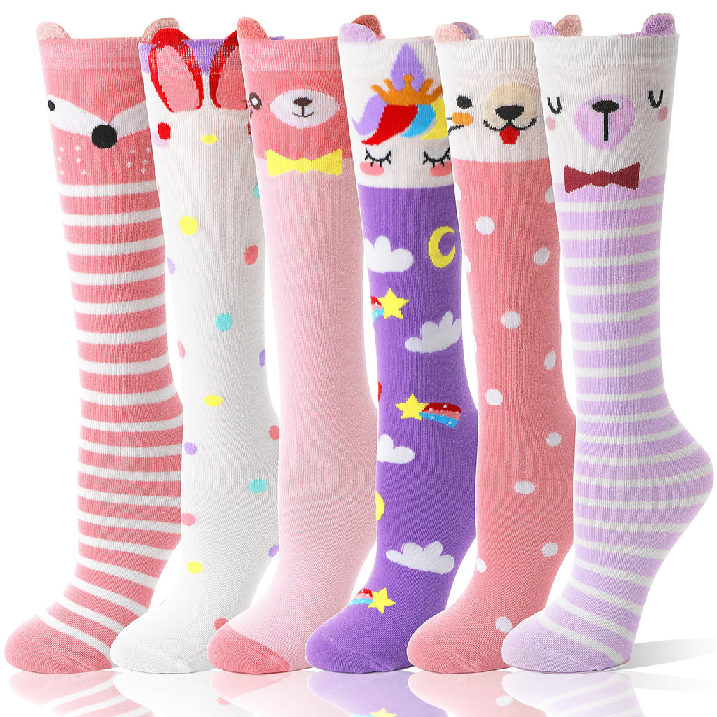 MOGGEI Kids Girls Knee High Socks Long Boot Crazy Silly Fun Gift Tall Funny Cute Animal Christmas Gift for 4 5 6 7 8 9 10 11 12 Year Old Girls Stocking Stuffers Socks 6 Pairs （Animal Pink Purple）