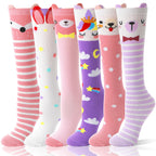 MOGGEI Kids Girls Knee High Socks Long Boot Crazy Silly Fun Gift Tall Funny Cute Animal Christmas Gift for 4 5 6 7 8 9 10 11 12 Year Old Girls Stocking Stuffers Socks 6 Pairs （Animal Pink Purple）