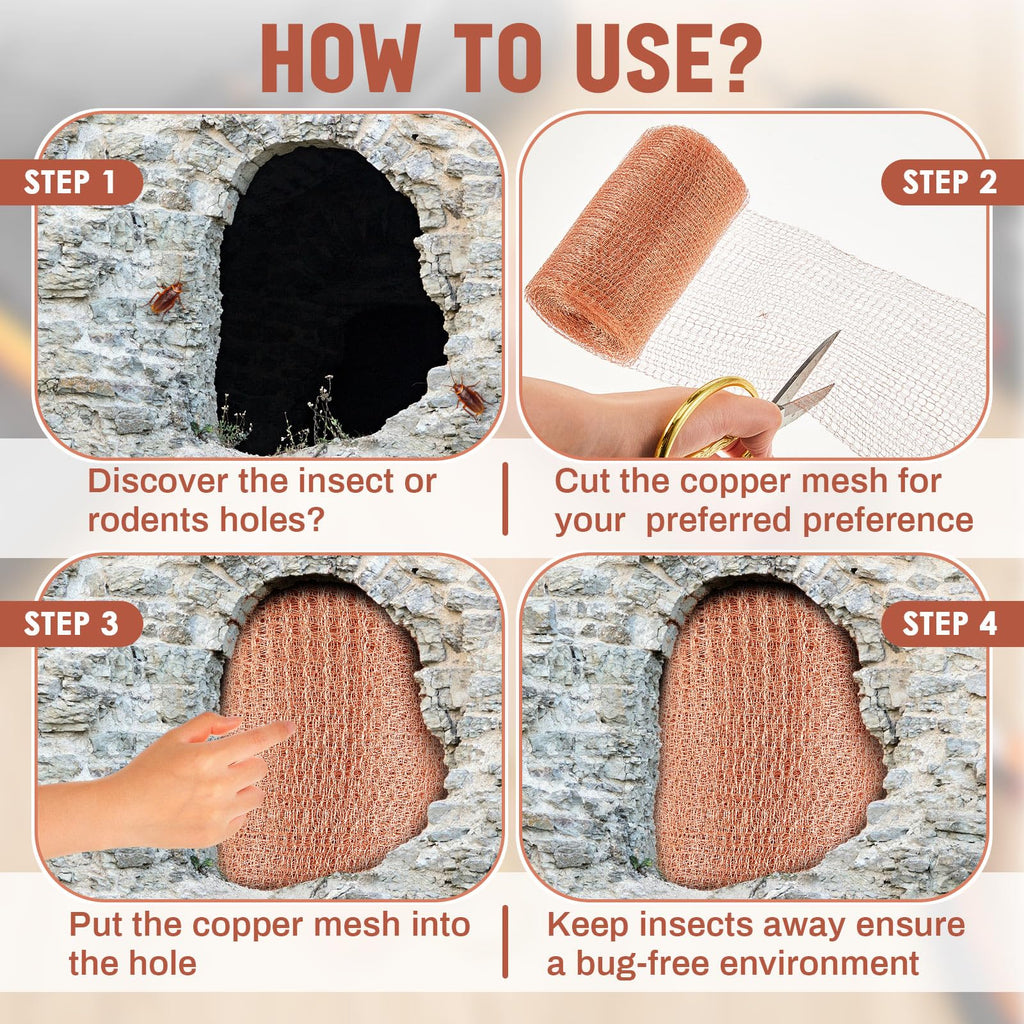 Gisafai 8'' x 150 ft Copper Mesh Rodent Control Copper Wool for Slugs Rustproof DIY Hole Filler Pure Wire Mesh for Bat Snail Bird Pest Rodent Control Gap Blocker Fill Fabric Hole Gardening(1 Roll)