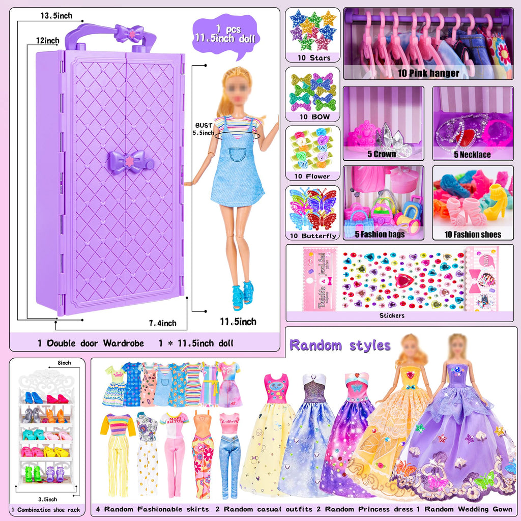 91pcs 11.5 Inch Girl Doll with Clothes, Accessories and Closet - Princess Gowns, Fashion Dresses, Outfits, Swimsuits, Shoes, Hangers - Dress Up Toys for Girls, Kids, Toddlers (Doll Included)