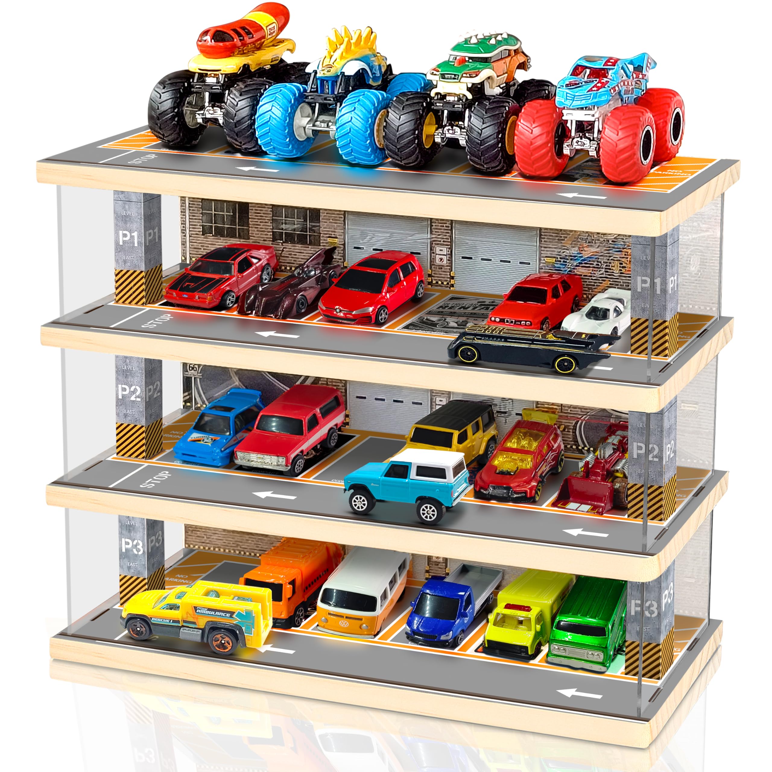 Storage Display Garage Compatible with Hot Wheels - Toy Car Garage with Lights, Freestanding Display Case, Parking Garage Diorama for 1/64 Scale Diecast Cars with 4 Levels 24 Spots Maximum 40 Cars