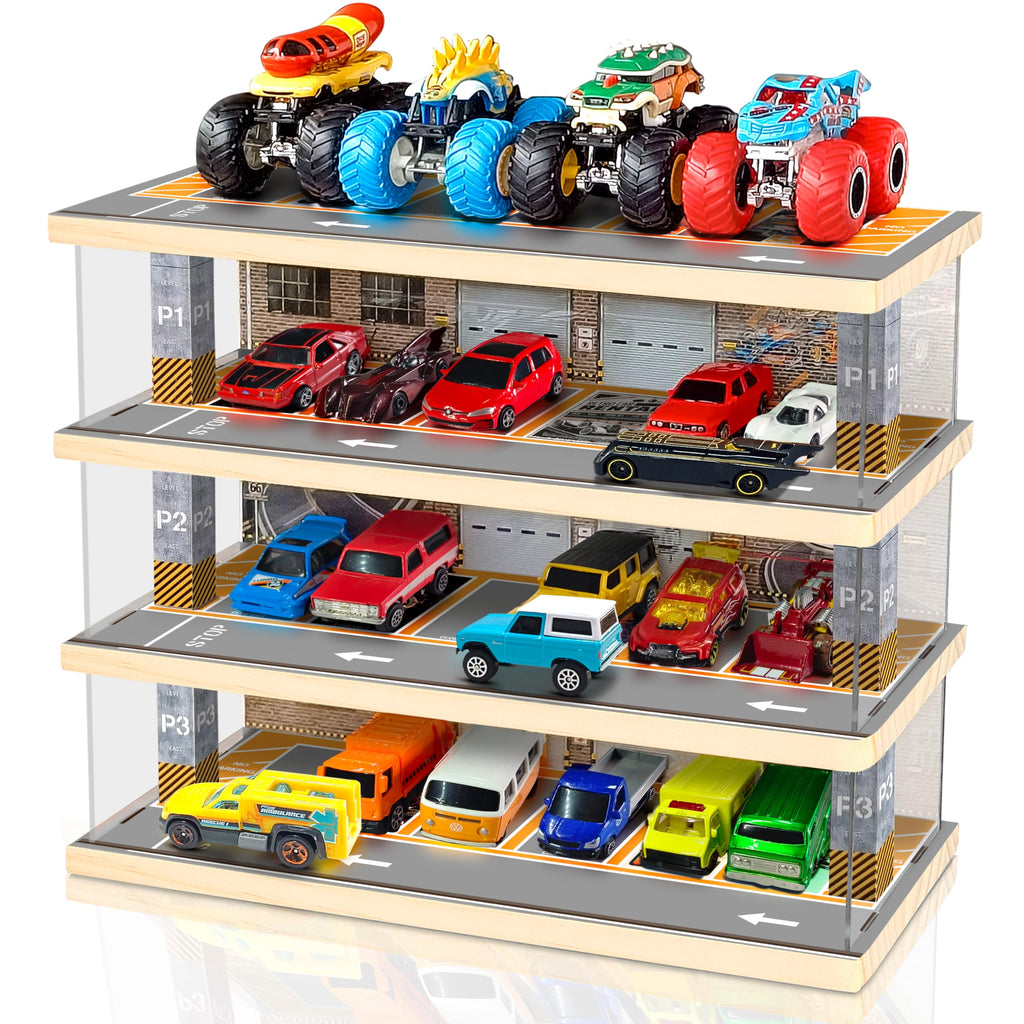 Storage Display Garage Compatible with Hot Wheels - Toy Car Garage with Lights, Freestanding Display Case, Parking Garage Diorama for 1/64 Scale Diecast Cars with 4 Levels 24 Spots Maximum 40 Cars