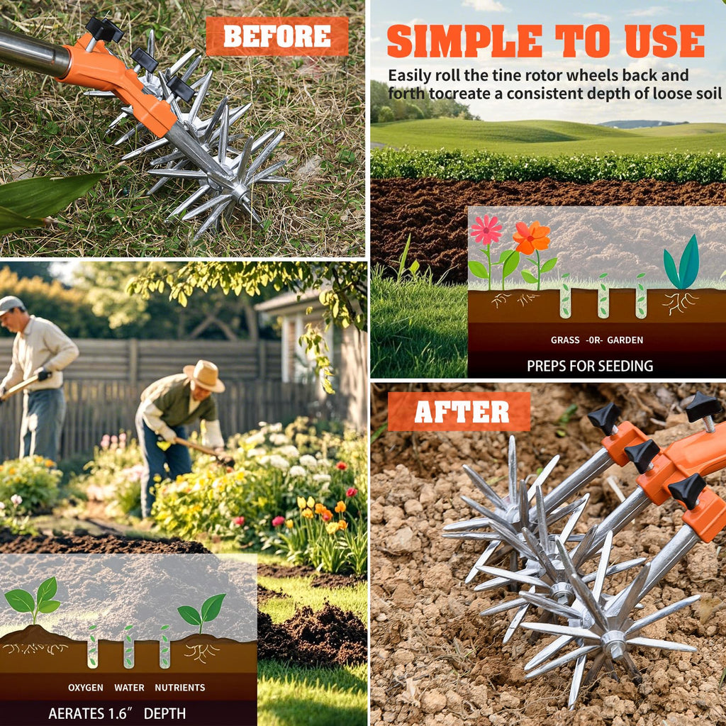 Rotary Cultivator, Adjustable Garden Hand Tiller - Hand Cultivator Tool for Soil Mixing or Reseeding Grass Lawn Tiller, Soil Tiller for Gardening