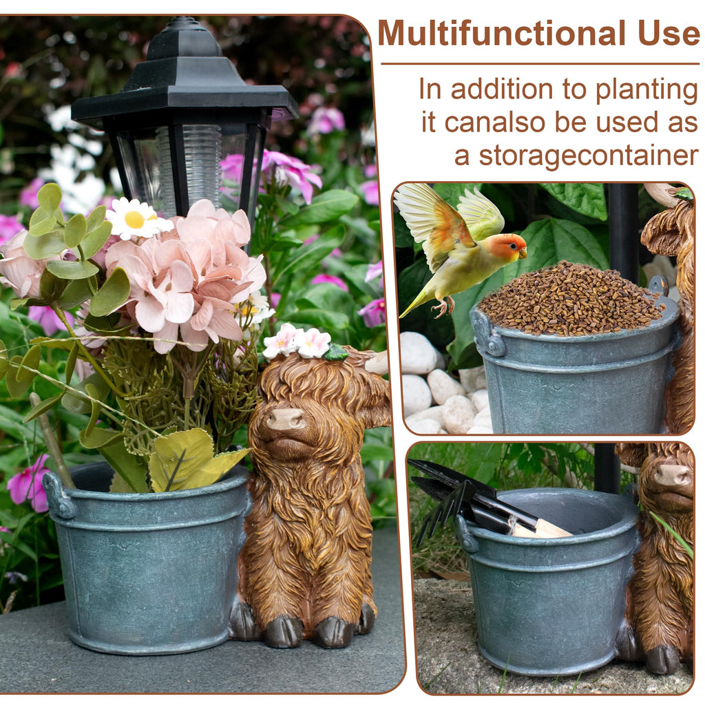 Muzzysse Highland Cow Statues Outdoor Solar Sculptures with Solar Lights and Flowerpot Funny Garden Decor Animal Figurines Resin Outdoor Statues for Patio Yard Lawn Balcony Grandma Mom Gifts