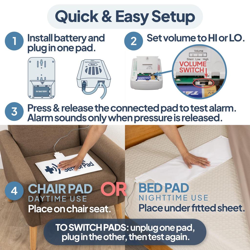 Smart Caregiver® Bed and Chair Exit Alarm System for Fall/Wandering Prevention – Know When They get up! Includes Monitor with 10in x 30in Bed Sensor Pad and 10in x 15in Chair Sensor Pad