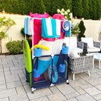Essentially Yours Pool Equipment Holder with Towel Drying Bars, Mesh Rolling Pool Storage Organizer Bin, Extra Large with Towel Hanger, (34.5" W x 25" L x 62.6" H), Blue/White Style 418566
