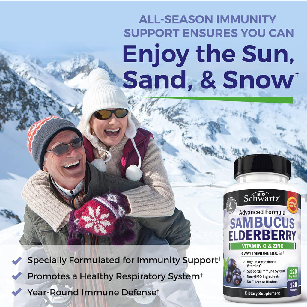 BioSchwartz Elderberry Capsules with Zinc and Vitamin C for Adults - Immune Support Vitamins for Women and Men - Black Sambucus Elderberry Vitamin C and Zinc - Multiminerals Supplement, 120 Count