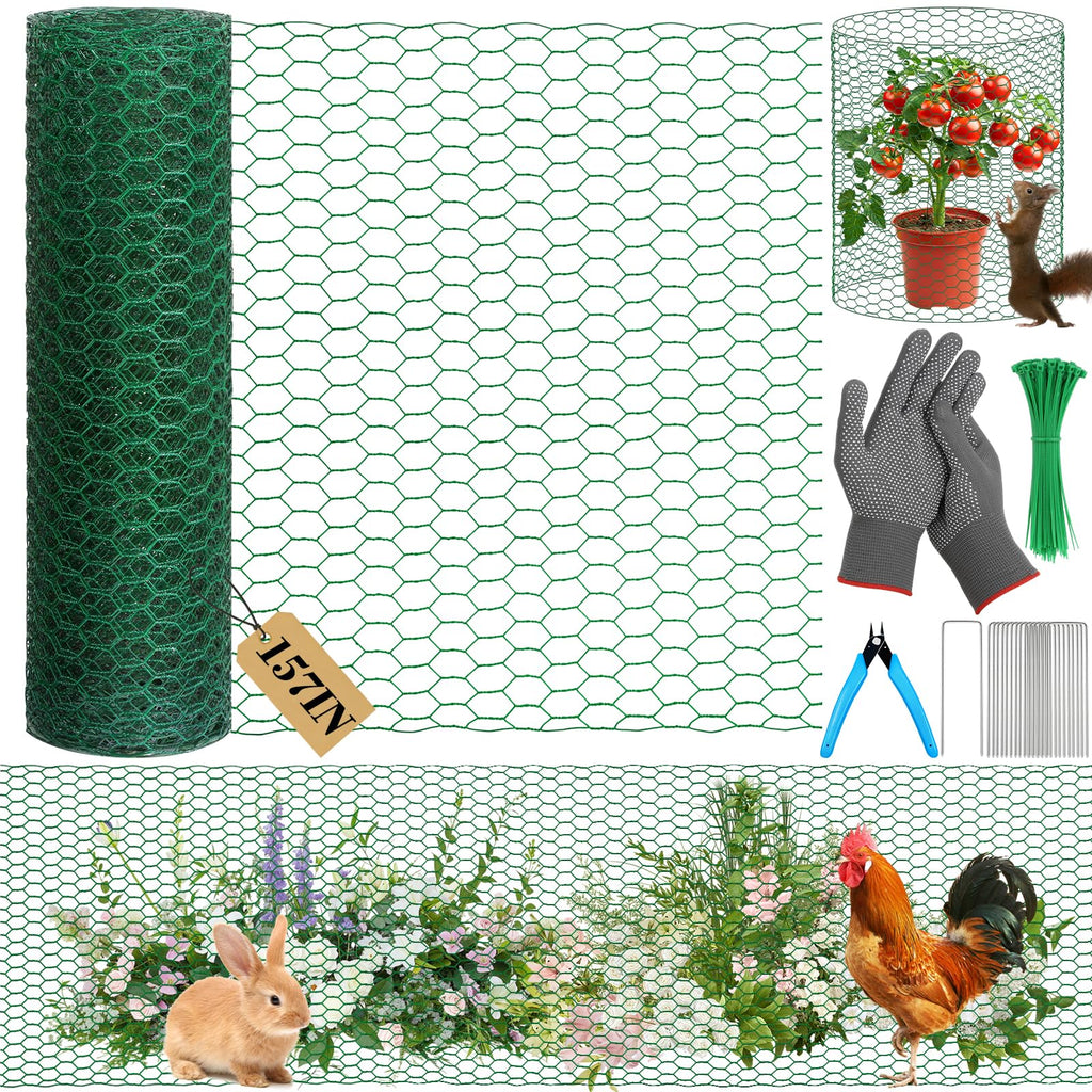 Lucomb Plant Protectors from Animals 15.7 x 157 in Green Chicken Wire Plant Cages for Outdoor Plants, Hexagonal Wire Plant Protector with Ground Stakes, Pliers, Garden Protection from Animals