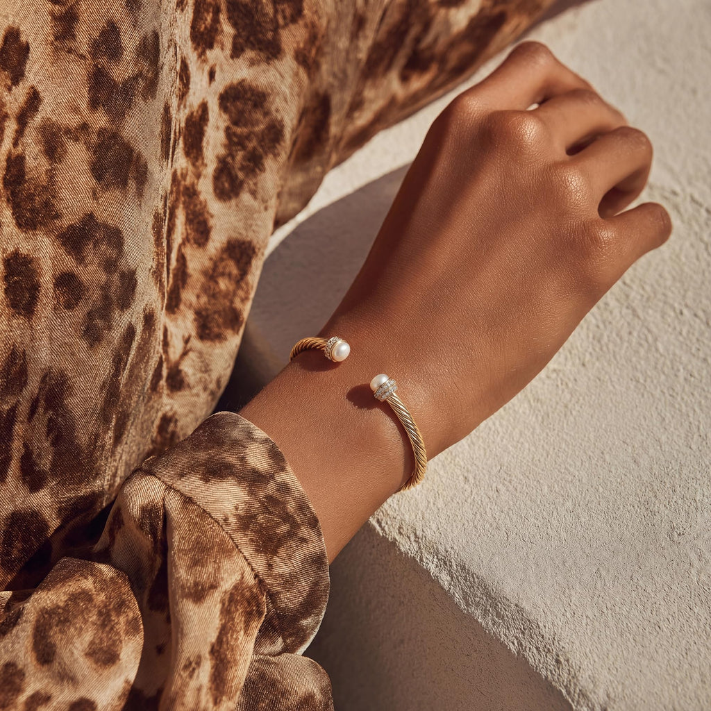 Fettero Gold Cuff Bangle Bracelets for Women - 14K Gold Plated Adjustable Open Cuff Friendship Bracelets Elegant Twisted Cable Bangle Bracelet Lightweight Pearl Bracelet for Dainty Jewelry