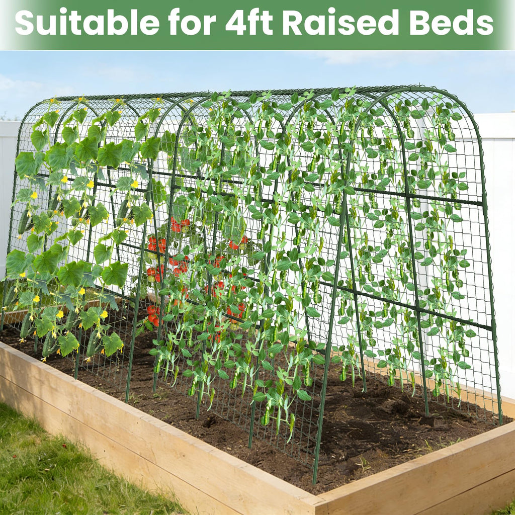 Cucumber Trellis, Metal Garden Arch Trellis for Raised Bed, 48 x 48inch U-Shape Garden Trellis for Climbing Plants Outdoor, Vegetables Fruit Plant Support with Netting, Gardening Supplies (Green)