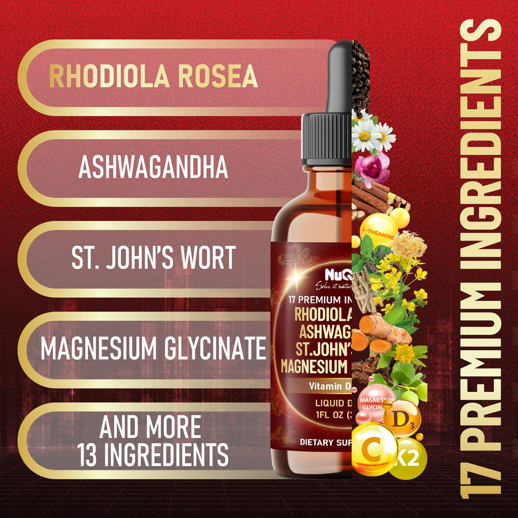 NUQIIT 17in1 Rhodiola Rosea Liquid Drops Tincture w/Ashwagandha Magnesium, L-Theanine. Ultra Rhodiola Cortisol Supplement, Rhodiola Root for Mood, Energy - 1 FL Oz - 60 Day Supply
