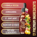 NUQIIT 17in1 Rhodiola Rosea Liquid Drops Tincture w/Ashwagandha Magnesium, L-Theanine. Ultra Rhodiola Cortisol Supplement, Rhodiola Root for Mood, Energy - 1 FL Oz - 60 Day Supply
