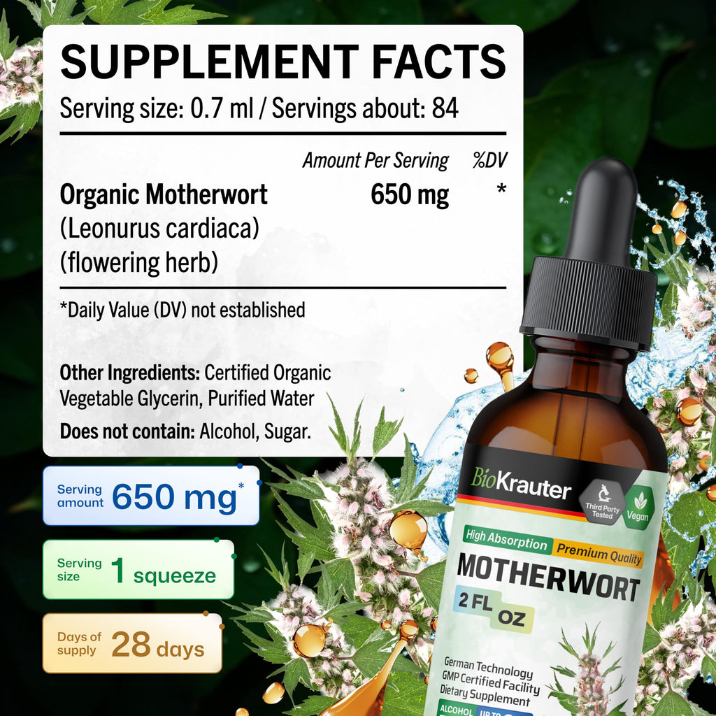BIO KRAUTER® Perimenopause & Menopause Supplements for Women* - Vegan Motherwort Tincture 2 Fl.Oz 28-Day Supply for Natural Calm & Women's Wellness - Alcohol & Sugar Free - 650 mg per Serving