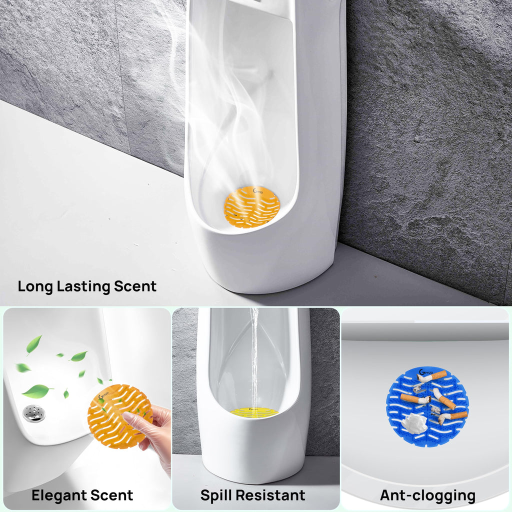 GENZO 50 Pack Urinal Screen Deodorizer, Anti-Splash & Long-Lasting Fragrance Urinal Cakes with Gloves, 17 Yellow, 17 Orange and 16 Blue Urinal Pads Fits to All Toilets