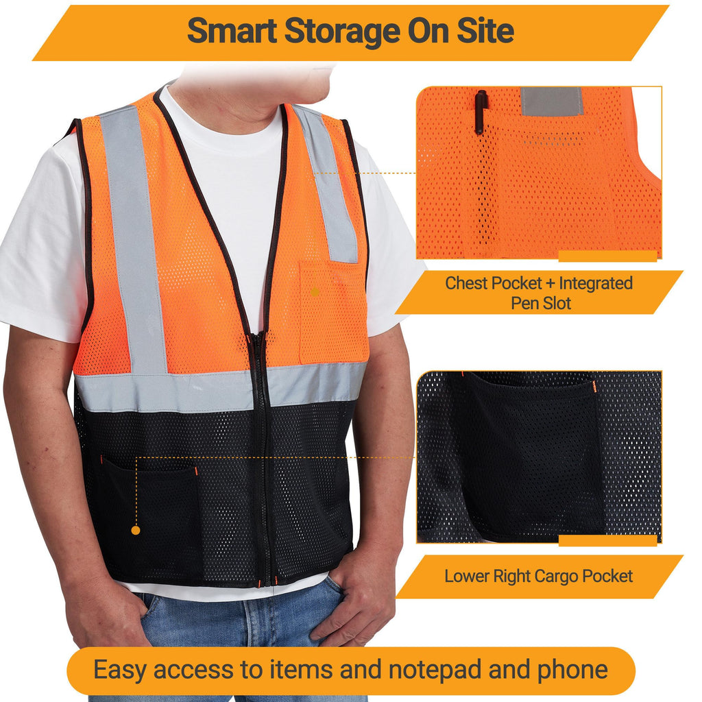 AYKRM 2 Pockets Orange black custom Mesh High Visibility Reflective Safety Vest for men & Women ANSI/ISEA 107 Standards