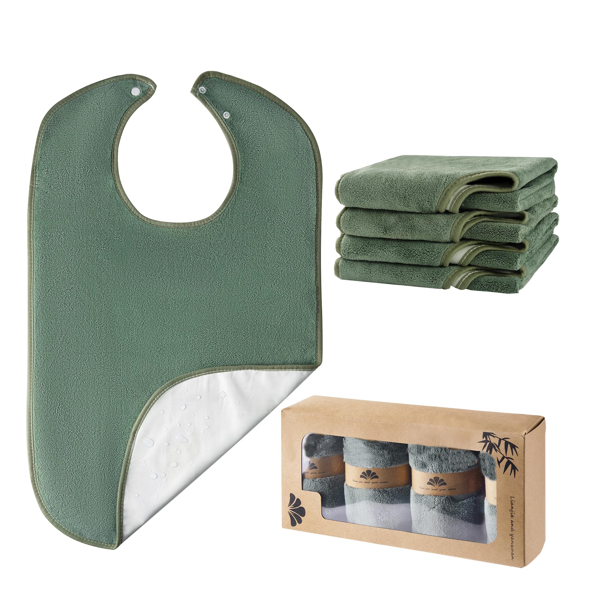 RAXIFU 4 Pack Adult Bibs for Men and Women, Adult Bib for Elderly,Waterproof, Towel bibs for Special Needs Adults