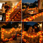 Fall Decorations for Home 9Ft Plug in Fall Garland with Lights Lush and Thicker Large Leaves, 50 Orange Bulbs Prelit Connectable UL Certified Fall Lights for Autumn Thanksgiving Halloween Decorations
