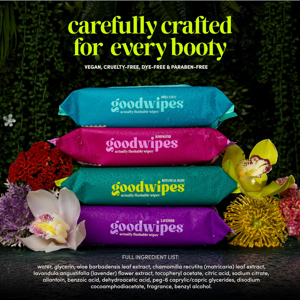 goodwipes Flushable Butt Wipes - Vitamin E & Aloe - Sewer & Septic Safe - Extra Large Adult Wet Wipes For Women & Men - Bathroom Essentials - Lavender, 318 Count (6 Packs + 1 Travel)