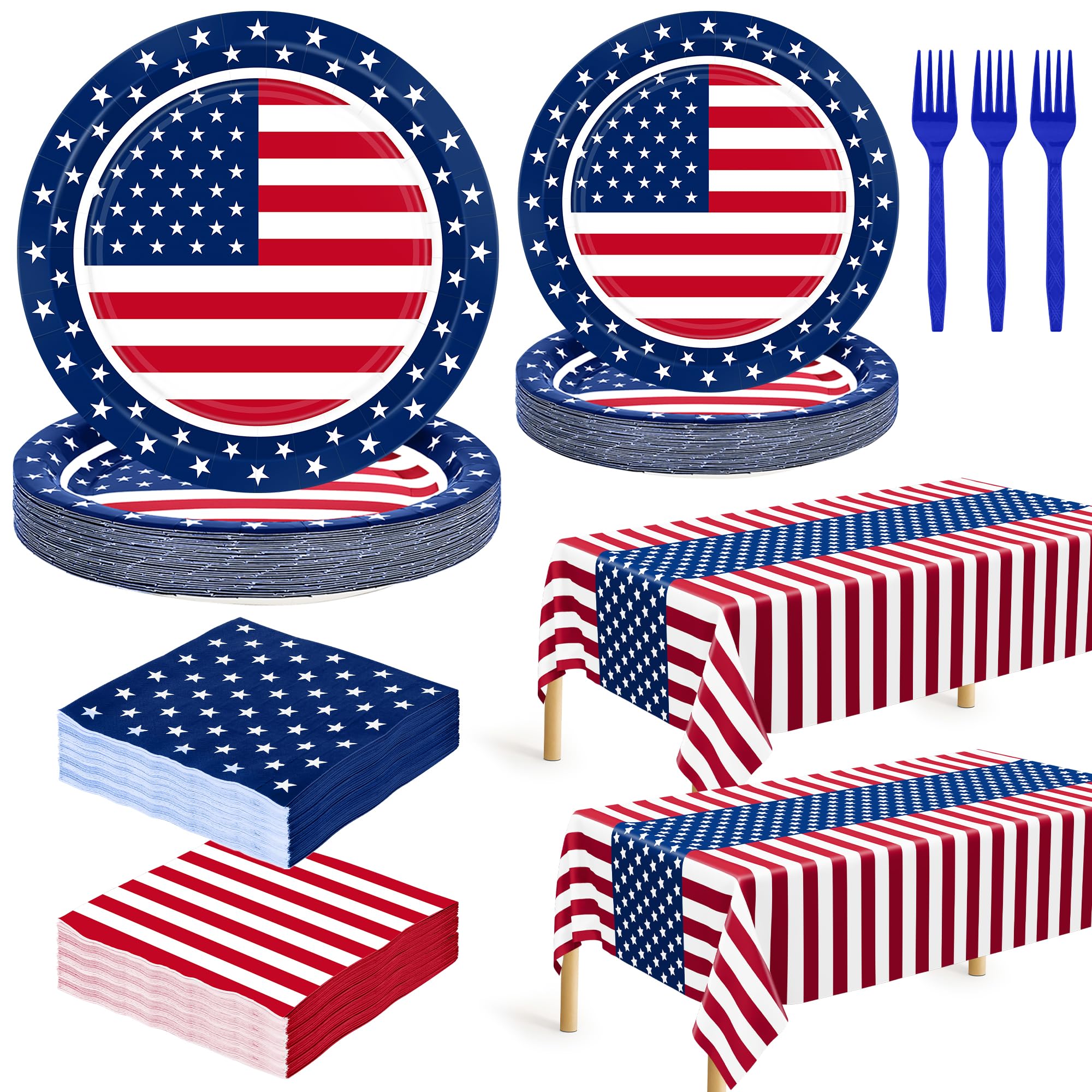 QZYL 122 PCS 4th of July Decorations, 30 Sets 250th Anniversary Patriotic Plates and Napkins, Disposable Fourth of July Paper Plate and Napkin Tablecloth Forks, USA Flags Memorial Day Party Supplies