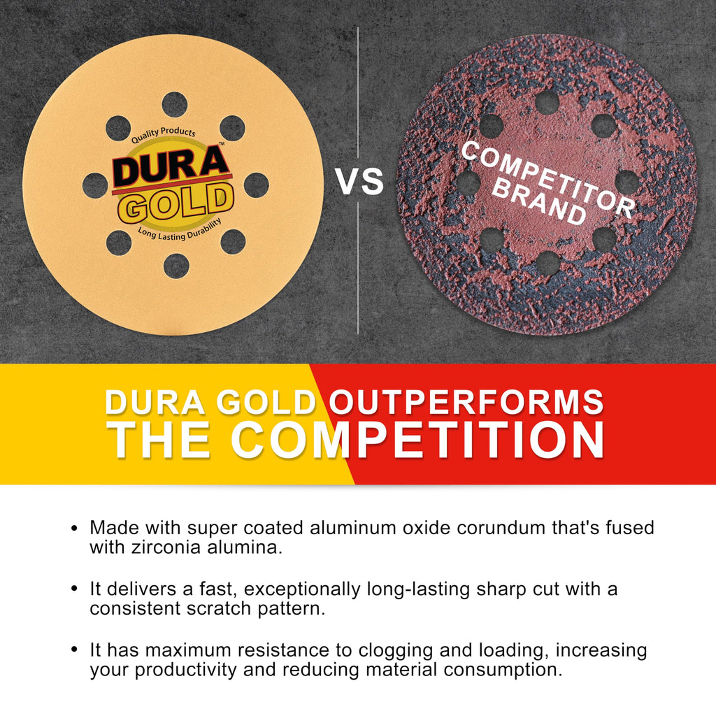 Dura-Gold Premium 240 Grit 5" Sandpaper Discs, 8 Hole Pattern Dustless, 50 Discs - Hook & Loop Backing for Orbital DA Sander, Detailing Finishing Color Sanding Automotive Paint Woodworking