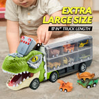 JOYIN Dinosaur Truck Toys for Kids Age 3-8, 12 Pull Back Car Vehicles, Transport Truck With Music, Roaring Sound, Flashing Lights, 1 Helicopter