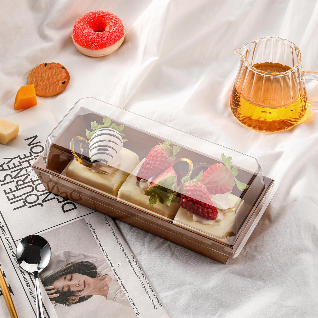 50 Pack 7.5x3.3 Inches Small Charcuterie Boxes with Clear Lids - To Go Paper Mini Treat Box, Charcuterie Boards Accessories, Dessert Boxes, Cookie, Cake Slice, Chocolate Strawberry, Donut (Brown)