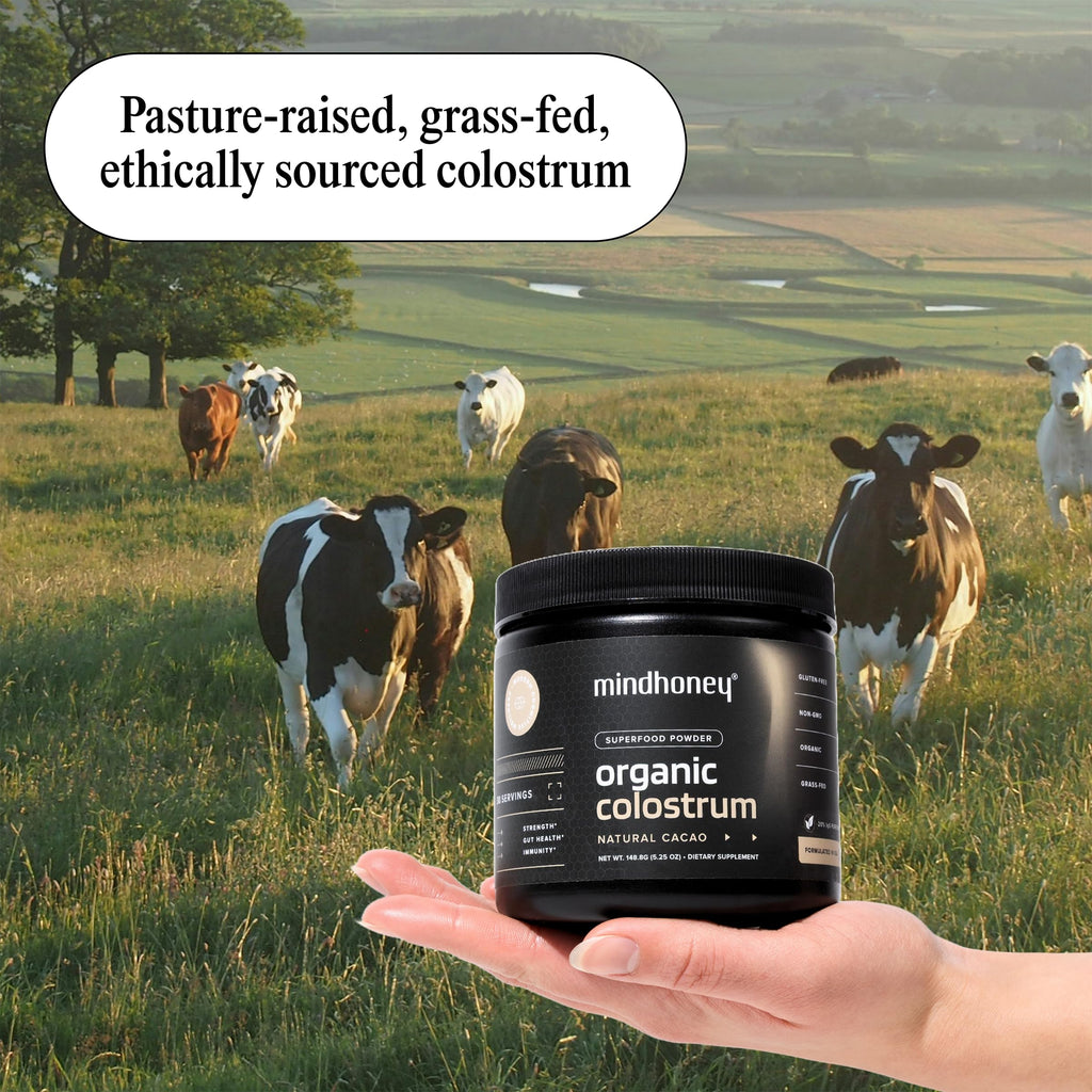 MINDHONEY Organic Colostrum | Premium Cacao Flavored Superfood Powder | Gut Health & Immunity, Skin & Hair, Anti-Aging, Performance & Recovery | Grass-Fed, Pasture-Raised | 30 Servings