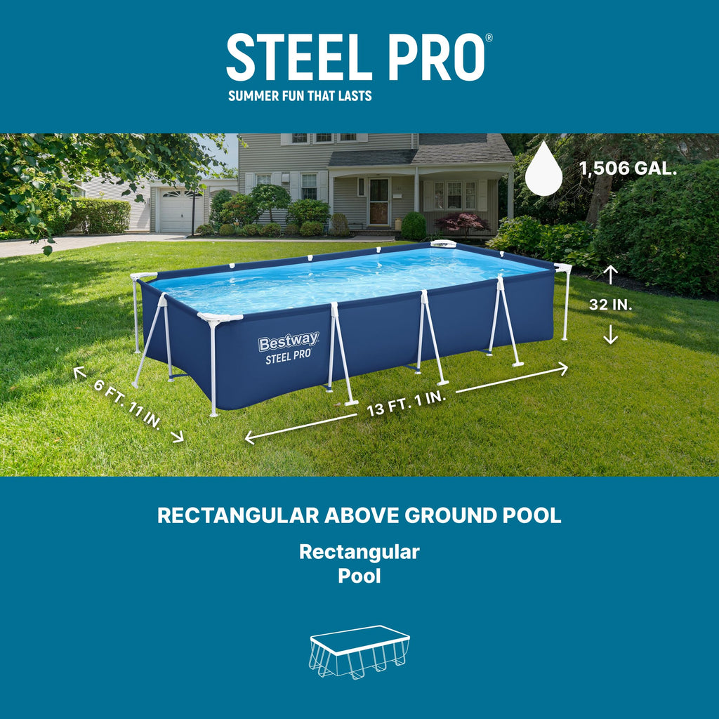 Bestway Steel Pro 13 Foot x 32 Inch Rectangular Above Ground Outdoor Pool Steel Framed Vinyl Swimming Pool with 1,506 Gallon Water Capacity, Blue