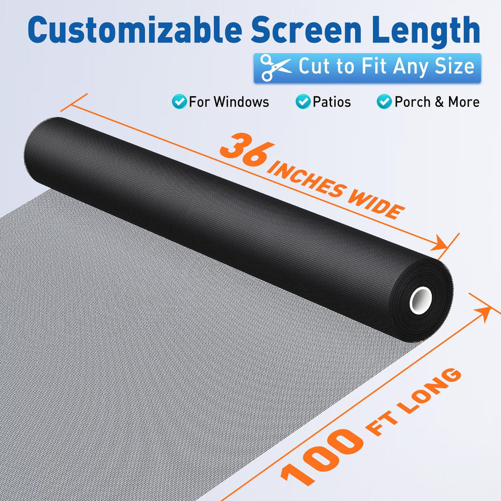 MAGZO Window Screen Replacement Mesh Roll, 36IN x 100FT Heavy Duty Polyester Mesh (82g/m²), UV-Resistant & Pet-Proof, Easy to Cut for Door Repair, Patio, Porch, Backyard, Garden, Non-Deformable