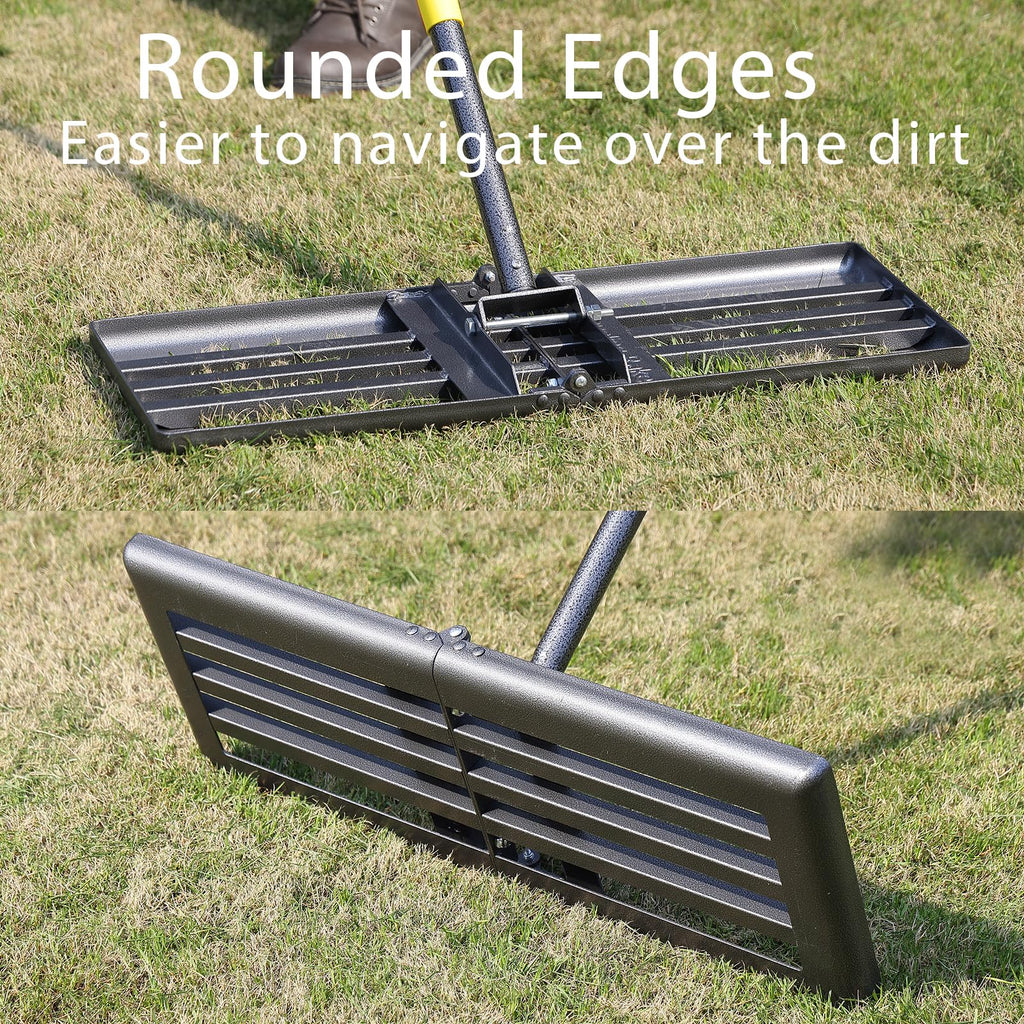 Lawn Leveling Rake Heavy Duty, 30"x10" Large Ground Plate Leveler Tool, Anti Flipping Smooth Edge Pull Behind Garden Landscape Rake for Soil Sand Dirt Yard Top Dressing, Long Handle 65 Inch