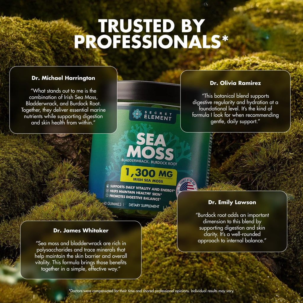 Secret Element Sea Moss Gummies 1300MG for Women and Men, Irish Sea Moss with Bladderwrack & Burdock Root, Vegan Sea Moss Gummies, Sugar Free, Non-GMO, Apple Flavor, 60 Gummies