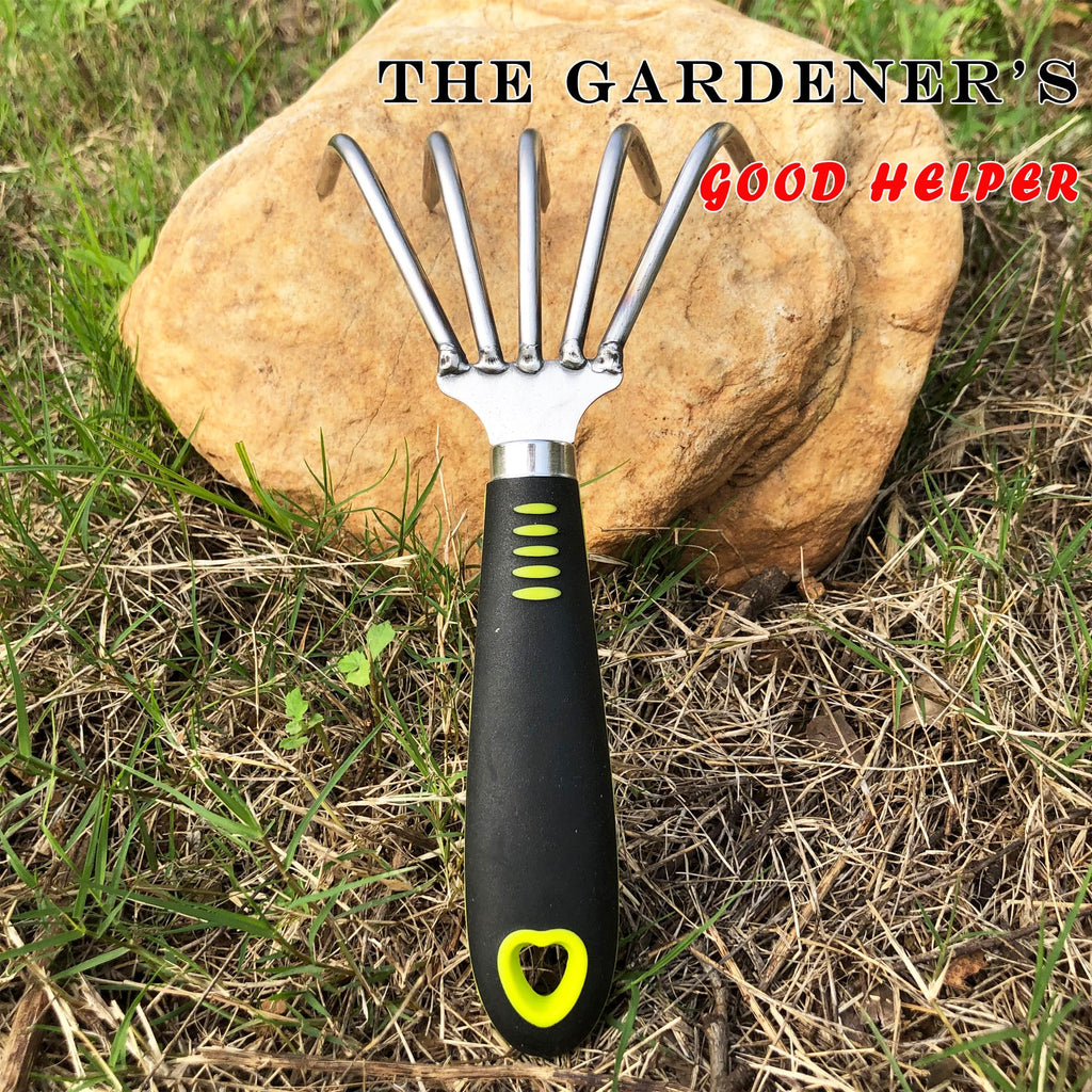 SHANFEEK Garden Rake 5-Claw Landscape Dethatcher Thatching Beach Combing Rake for Digging Clam Shell Defoliation Hoe Garden Tool for Loosen The Soil (Green)