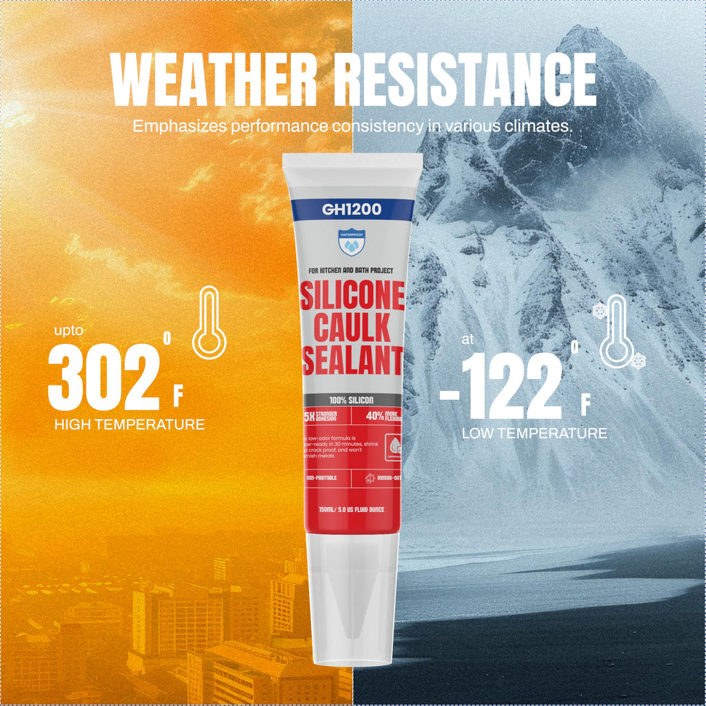 GH1200 150 ML/5 FL Oz Silicone Caulk Clear Silicone Sealant Waterproof, Kitchen & Bathroom Caulk - Shrink & Crack Proof - Indoor & Outdoor Use Silicone Glue - Strong Caulking Formula Tube