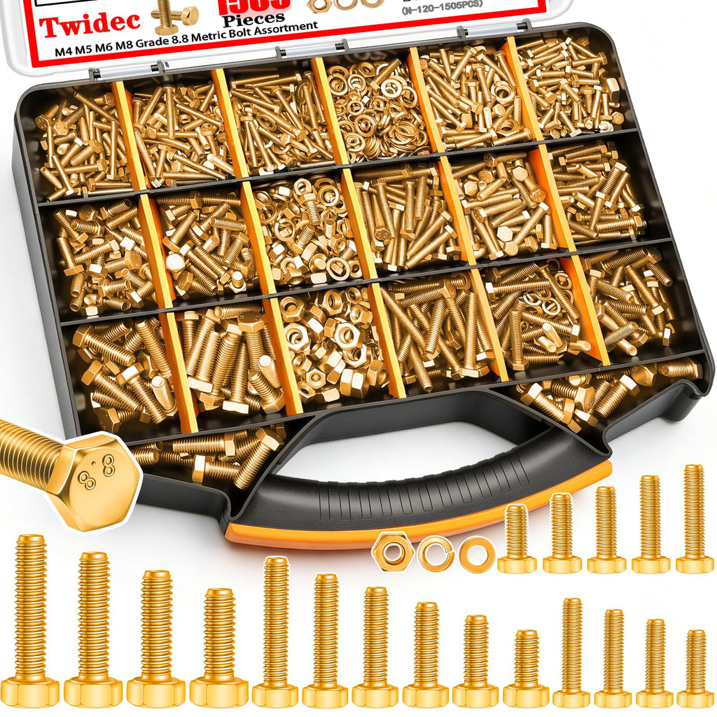 Twidec/1505PCS Metric Bolt Assortment M4/M5/M6/M8 Length from 12-40mm Grade 8.8 Hex Head Nuts and Bolts Assortment Kit,Heavy Duty Bolts and Nuts Kit, Flat & Spring Lock Washer Gold Zinc Plating