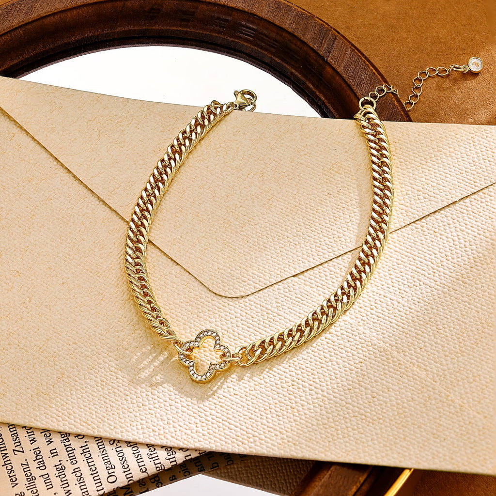Gold Ankle Bracelets for Women, Waterproof Gold Plated Clover CZ Anklet