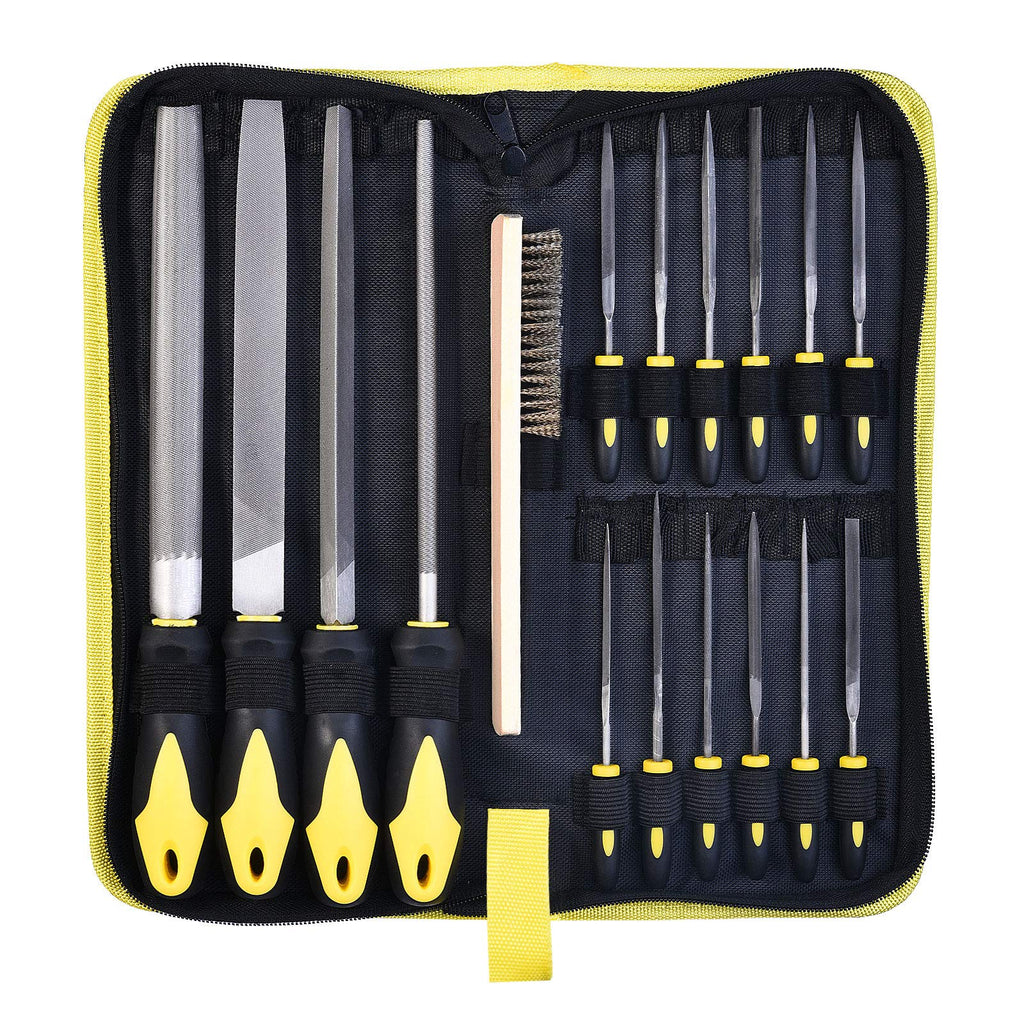 kapoua Metal File Set, Large Flat File/Half-Round File/Triangle File/Round File and 12 pcs Needle Files with Storage Bag and Steel Brush for Woodwork, Metal, Leather and Plastic