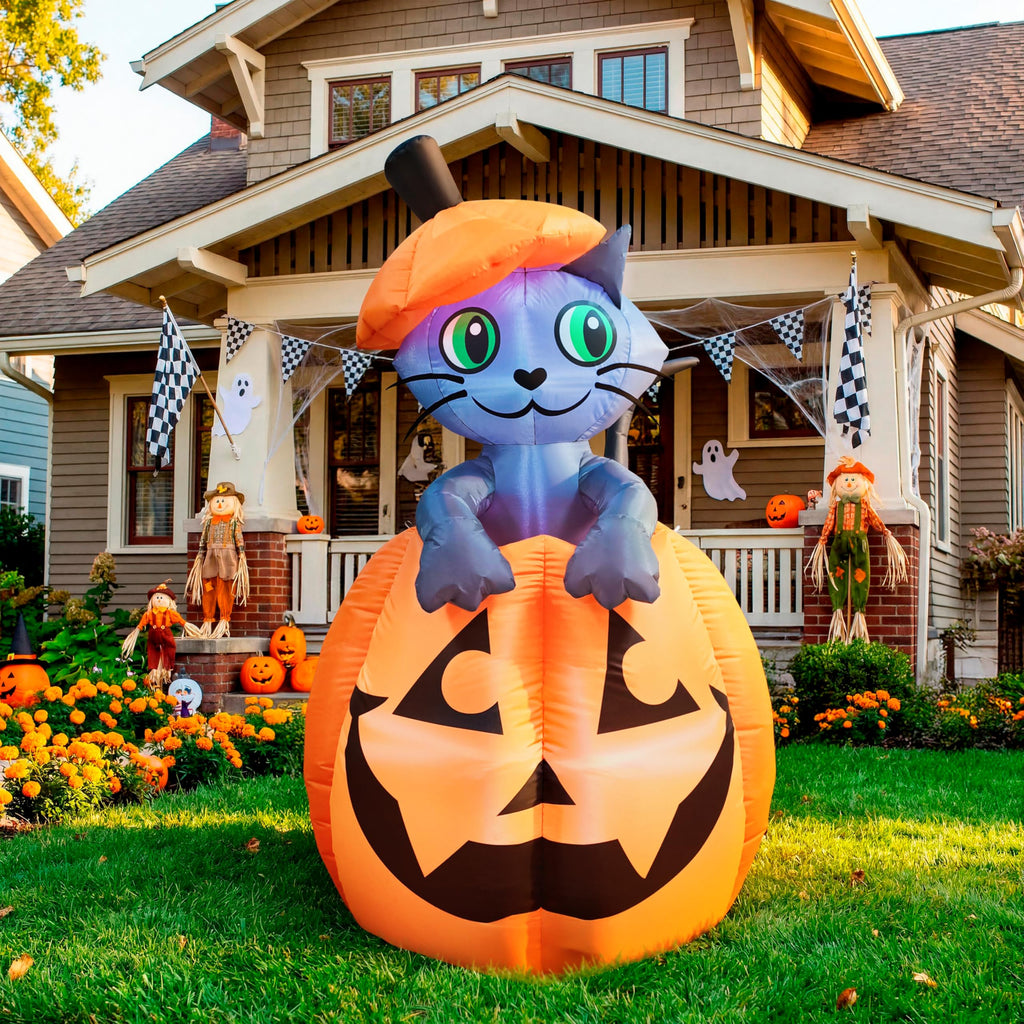Joiedomi 5 FT Animated Pumpkin Inflatables, Outdoor Blow Up Cat On Pumpkin with LEDs for Yard, Outdoor Inflatable Halloween Decorations, Blow Up Halloween Decor for Outside