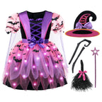 Spooktacular Creations Girls Light Up Witch Costume, Kids Witch Costume with Hat and Broom for Toddler Halloween Dress Up Parties (Small (5-7 yr))