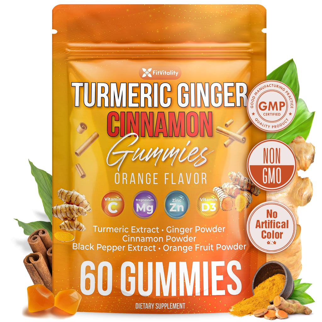 Premium 60 Turmeric Ginger Cinnamon Gummies – with Vitamin E, B12, Magnesium, Black Pepper Extract & Vitamin D3 – Orange Fruit Flavor - Vegan Gummies