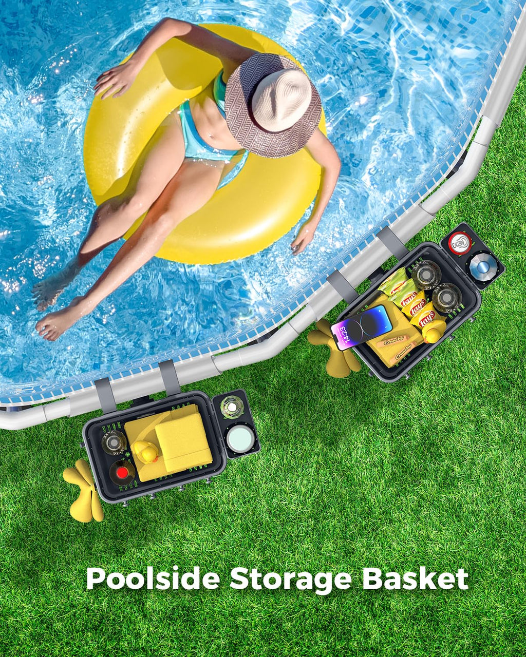 VICHTOP 2026 Upgrade 2 Sets Poolside Storage Basket, Above Ground Pool Accessories, Swimming Pool Storage Basket with Cup Holder, Mesh Bag and Support Bar to Organize Towel Pool Toy